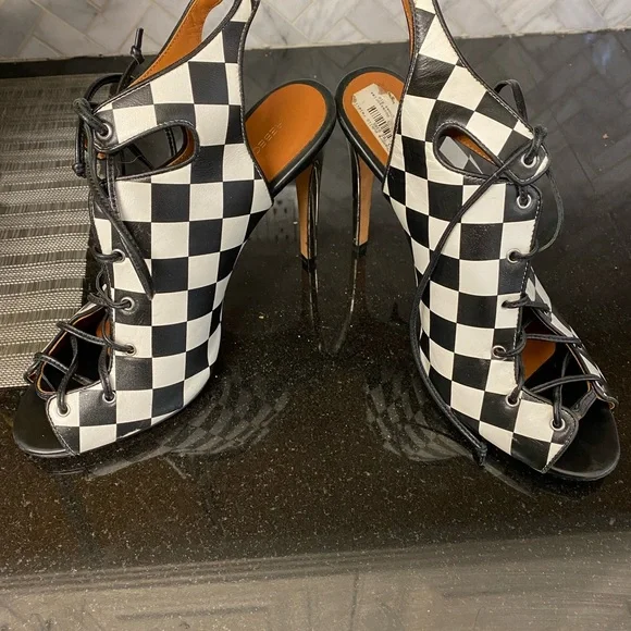 Rebecca minkoff leather Rio black white checkered heel oxfords lace up New - Picture 3 of 7